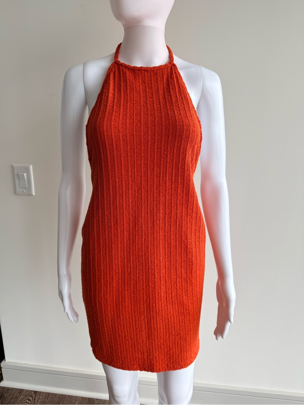 PrettyLittleThing Orange Ribbed Halter Low Back Mini Dress